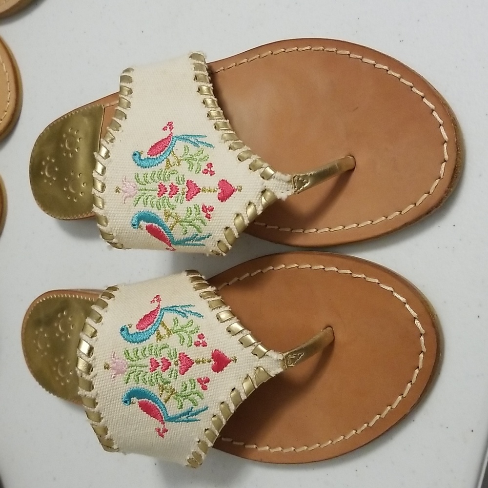 Jack Rogers floral birds cloth leather sandals.